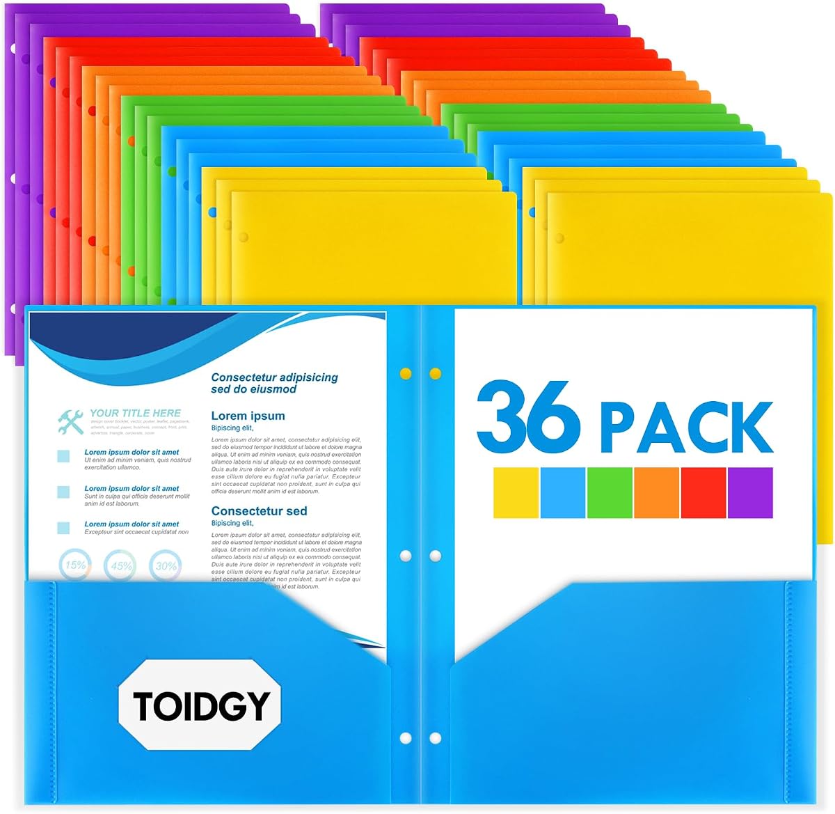 36 Pack 2 Pocket Folders with 3 Holes Punch, Plastic Folder for 3 Ring Binder, Heavy Duty Folders Bulk for Letter Size Paper, Assorted Colors Folder for School and Office Supplies