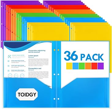 36 Pack 2 Pocket Folders with 3 Holes Punch, Plastic Folder for 3 Ring Binder, Heavy Duty Folders Bulk for Letter Size Paper, Assorted Colors Folder for School and Office Supplies