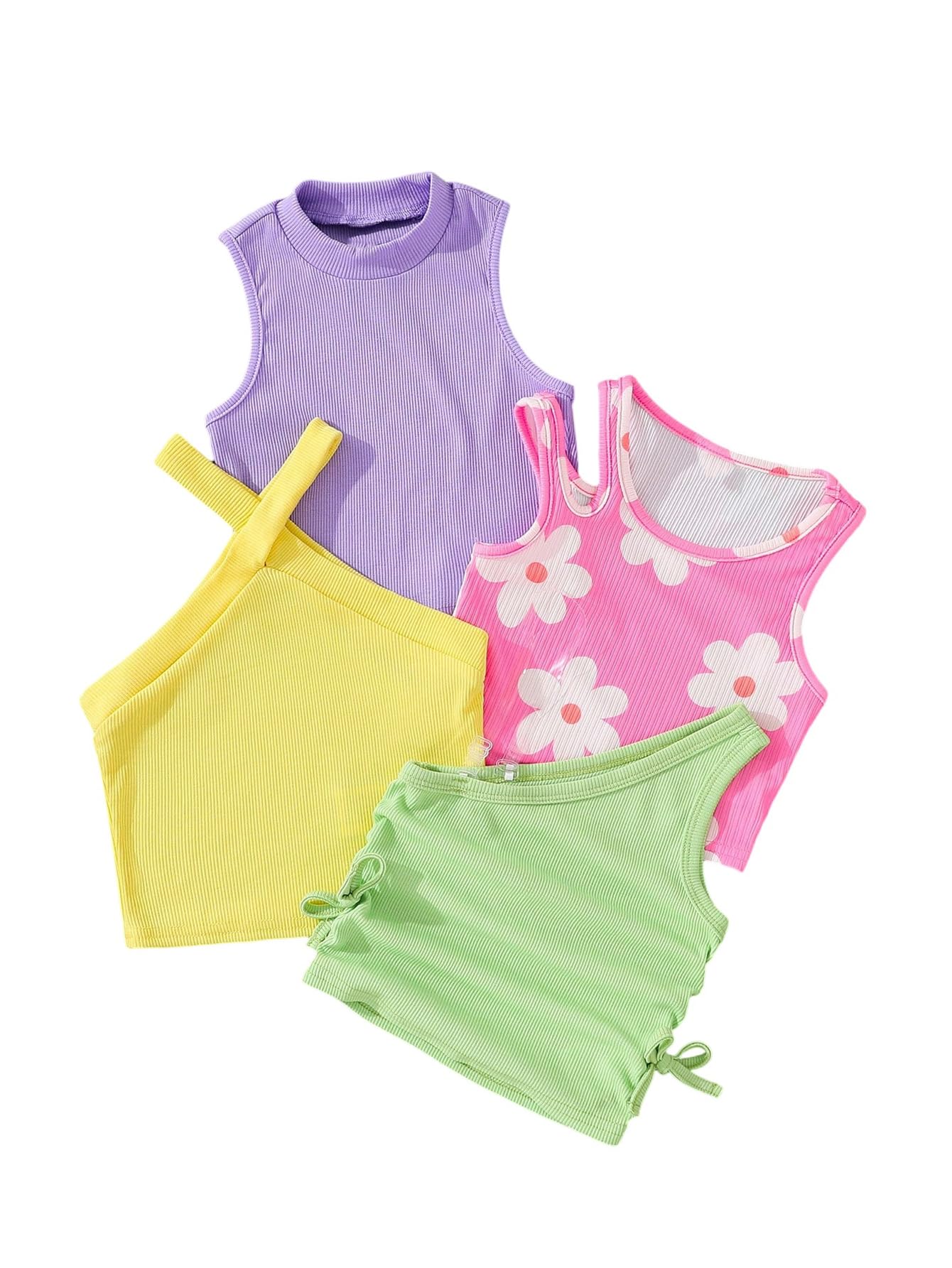OYOANGLE Toddler Girl's 4 Pack Ribbed Knit Crop Tank Tops Set One Shoulder Summer Camisole