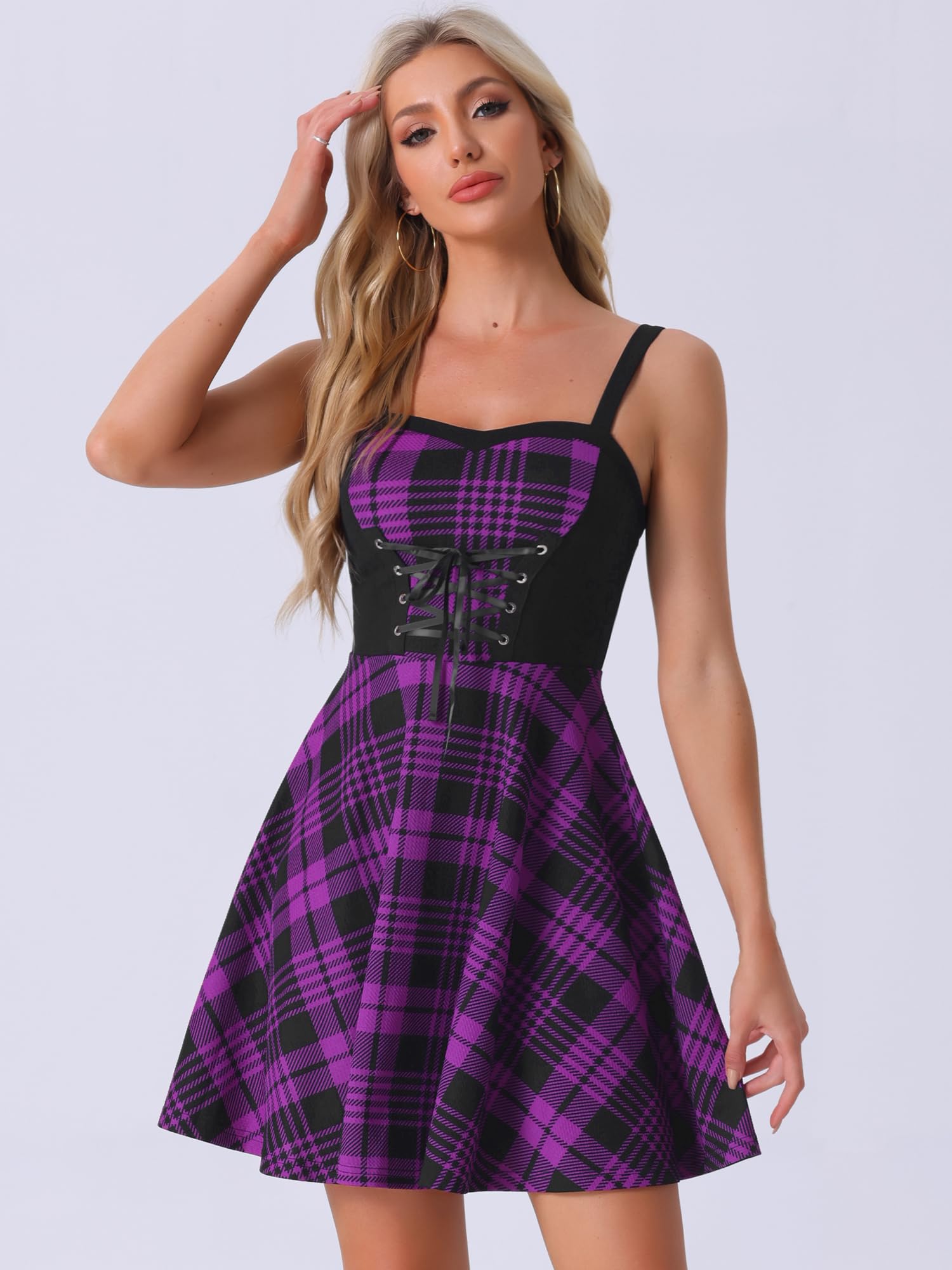 Allegra K Women's Plaid Lace Up Dress Sleeveless Mini A-Line Club Party Gothic Dress: Large Dark Purple