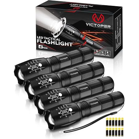 RECHOO Tactical Flashlight 4 Pack, Bright Zoomable LED Flashlight With High Lumens And 5 Modes, Waterproof Portable Pocket Flash Light For Emergency