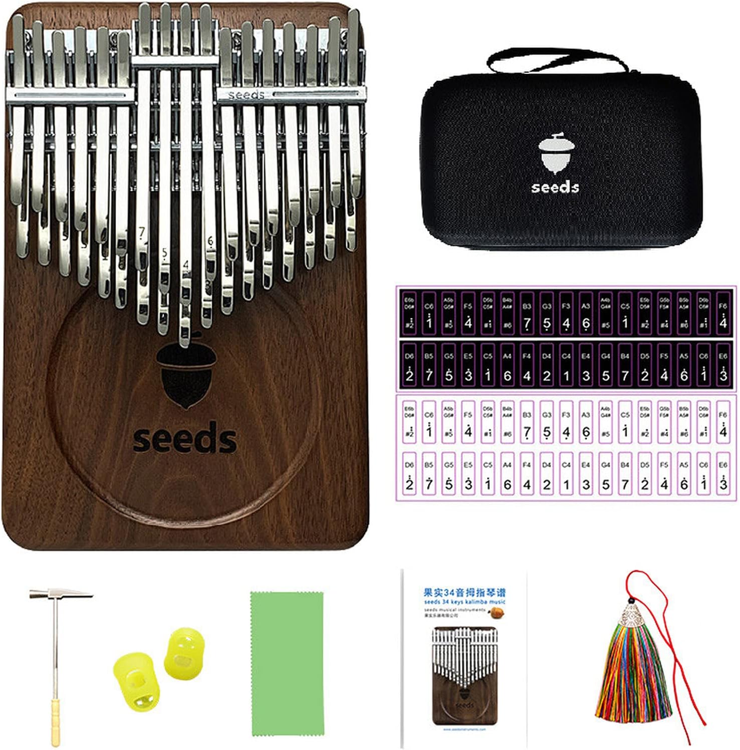 coffinsea Seeds Kalimba 34 Key Chromatic Thumb Piano Pisces C-Tuned,Double Layer Flat Board Black Walnut Musical Instruments Gift Idea for Children Adults Beginners and Professionals