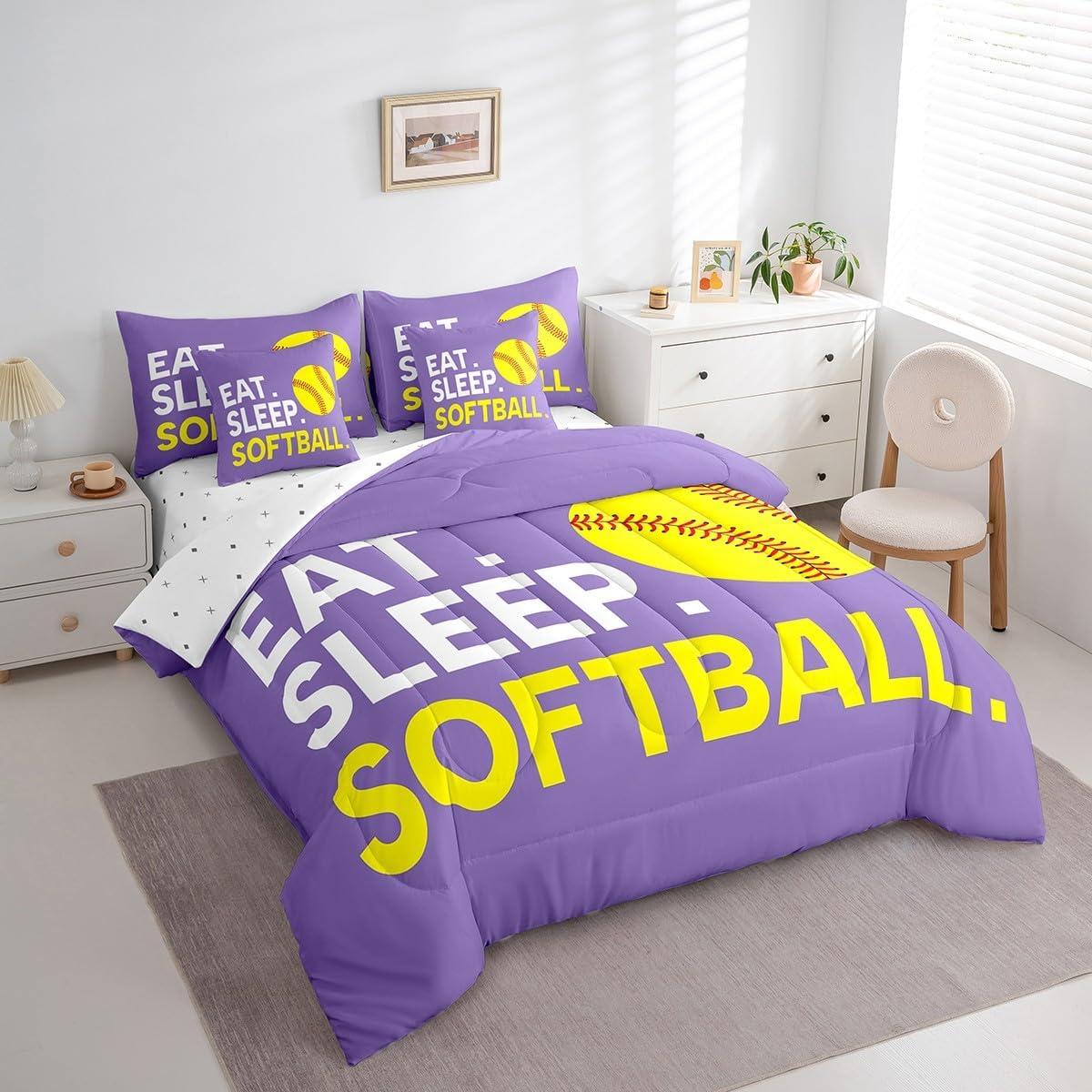 Feelyou Softball Comforter Set with Sheets Twin Size Purple Sports Game 7 Pieces Bedding Set for Kids Boys Girls Teens Softball Gaming Bed in a Bag Softball Lover Bed Set