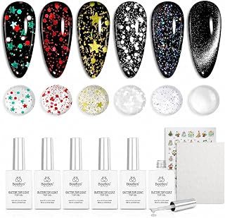 Beetles Glitter Gel Top Coat Set, 6Pcs 10ml Sparkle Glitter Cat Eye Top Coat Gel Nail Polish No Wipe Long Lasting Soak Off U V LED Manicure Salon DIY Gifts for Women