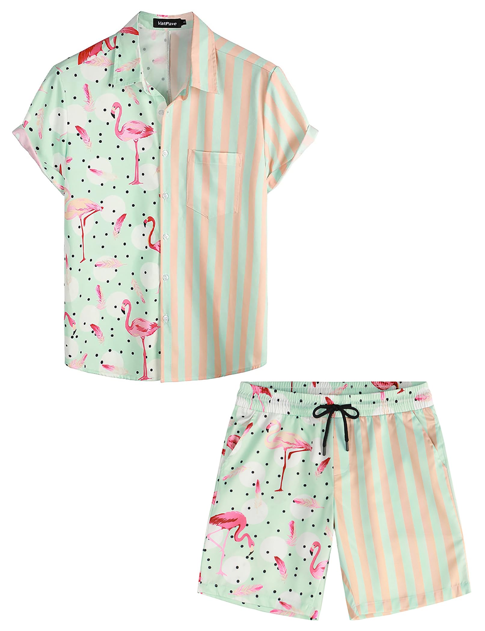 VATPAVE Mens Flamingo Hawaiian Sets Casual Short Sleeve Button Down Shirts Beach Outfits