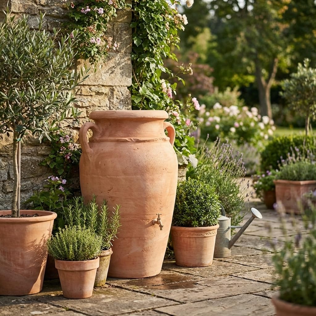 Deposito de Agua Terracota 360 litros | Anfora Jardin 360 L con Grifo | Deposito Agua de Lluvia 78x120 cm | Depositos de Agua Decorativos