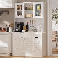 GTFURNI 71" Tall Farmhouse Kitchen Pantry Cabinet with Microwave Stand, Charging Station & Adjustable Shelves - White Hutch Storage