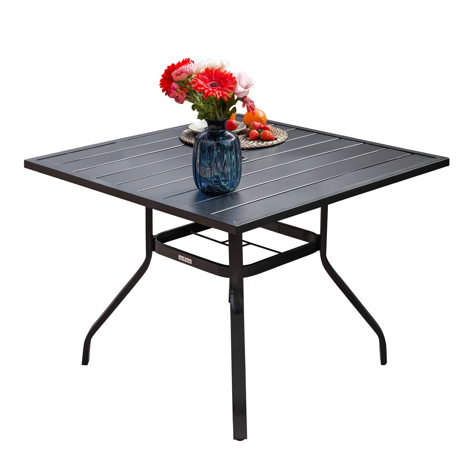 Sour Citrus 37" Outdoor Square Metal Patio Dining Table with Umbrella Hole, Weather-Resistant Table for Garden, Backyard, Balcony, or Deck, Black