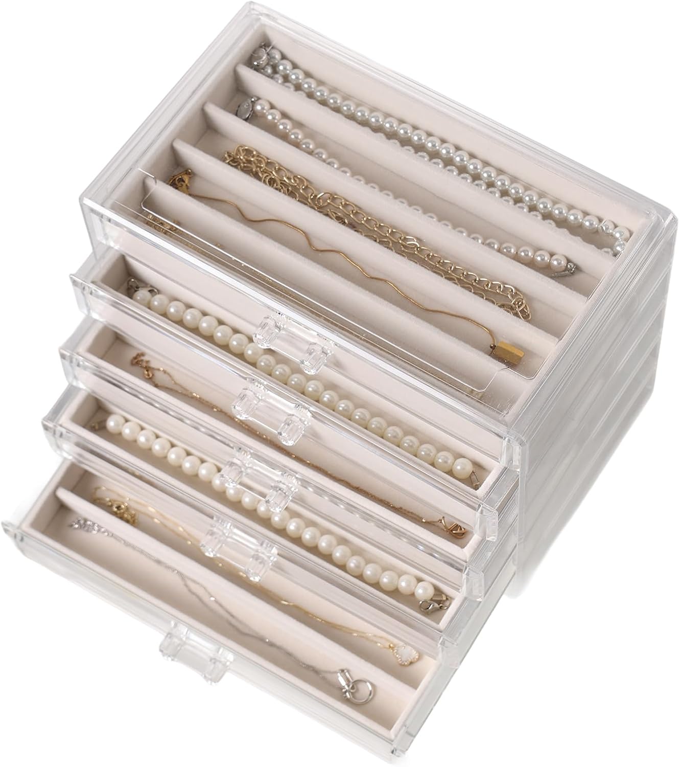 Necklace Holder Organizer, Acrylic Jewelry Box for Necklaces with 5 Drawers, Clear Chain Display Case with Adjustable Velvet Trays for Women Girls,Creamy-white