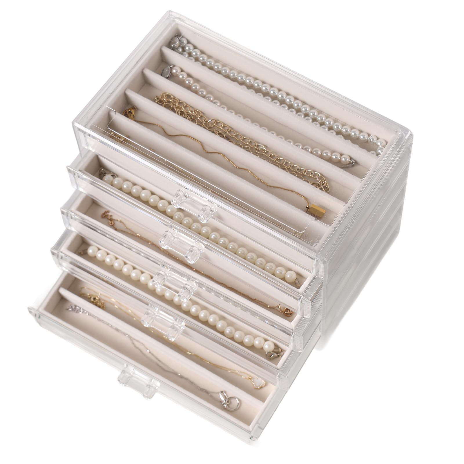 Necklace Holder Organizer Acrylic Jewelry Box for Necklaces with 5 Drawers Clear Chain Display Case with Adjustable Velvet
