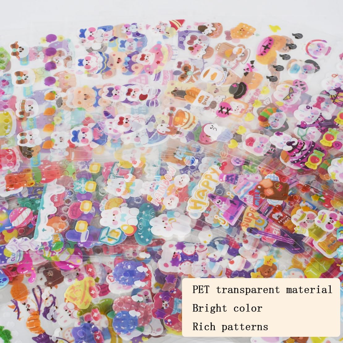Cute Cartoon Bear Rabbit Stickers - 50 Sheets Kawaii Coil Sticker Book PET Transparent Bunny Journaling Scrapbook Clipping Supplies Decals Material for Planner Bullet Album Calendar Kids DIY Crafts