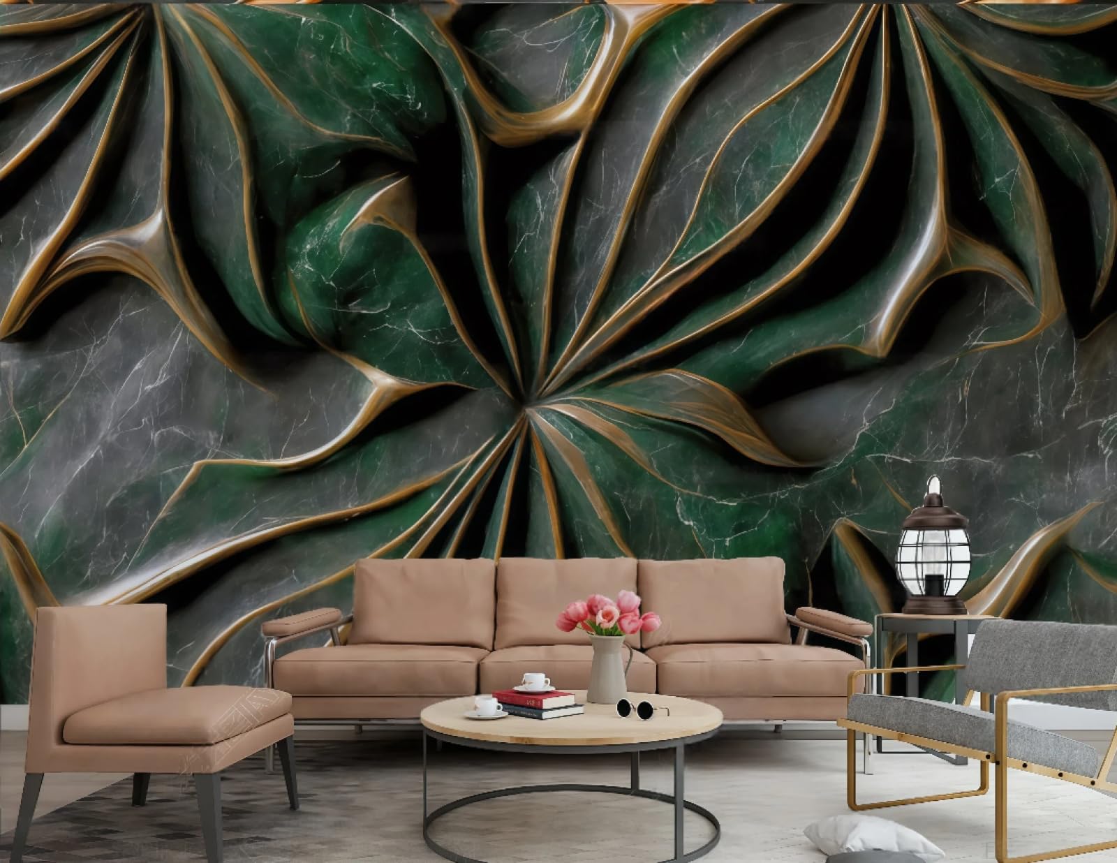 Trójwymiarowa tapeta Skała Miedź Kwiat Wytłoczony Abstrakcyjny Zielony Szmaragdowy Wzór Marmur TV Sofa Tło Tapeta Mural Salon Restauracja Kawiarnia, 3D, 250x175cm