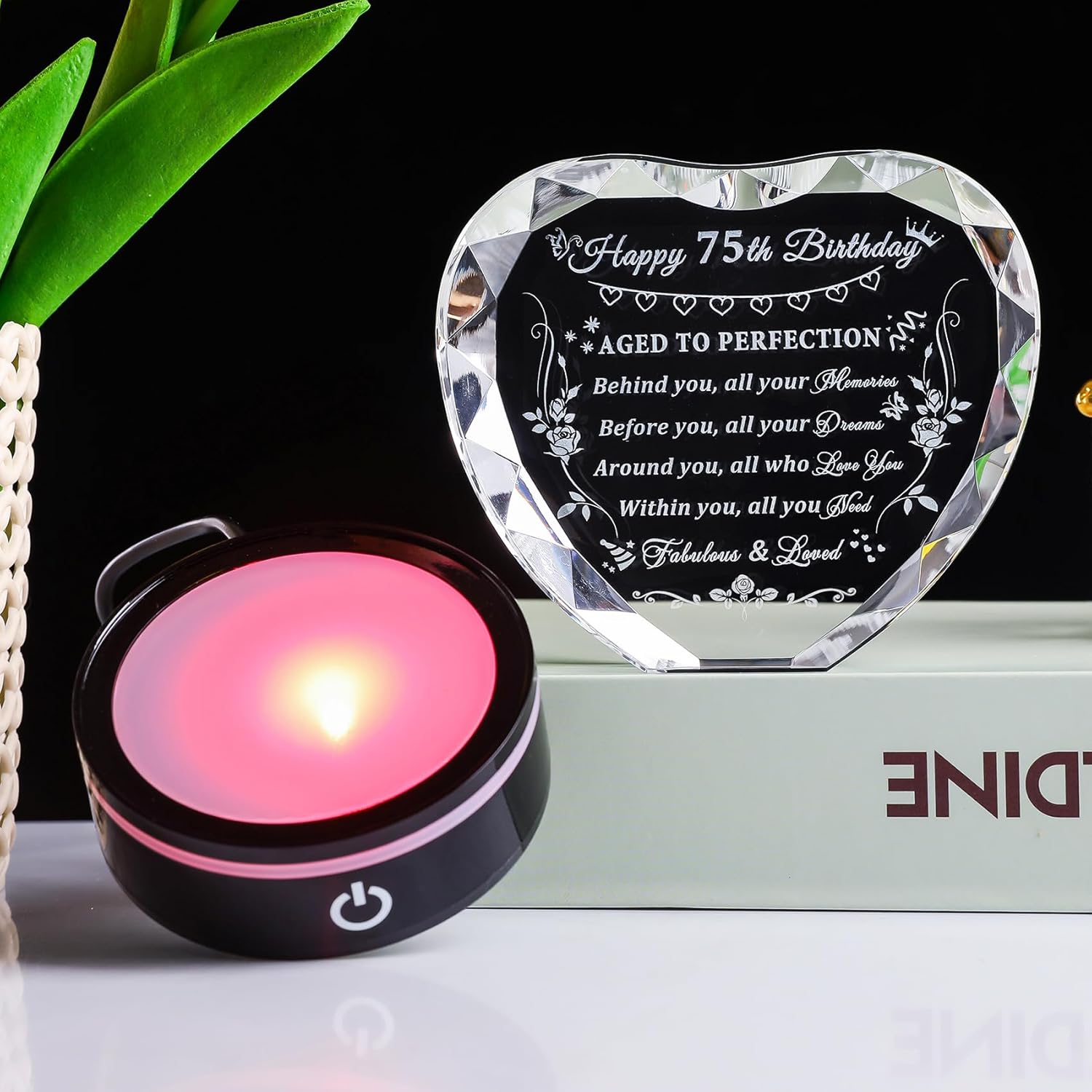YWHL 75th Birthday Gifts for Women Men Born in 1948, Crystal Heart with Colorful Light Base Happy 75th Birthday Decorations, Gifts for 75 Year Old Women Men Mom Dad Grandma Wife Friends - Image 4