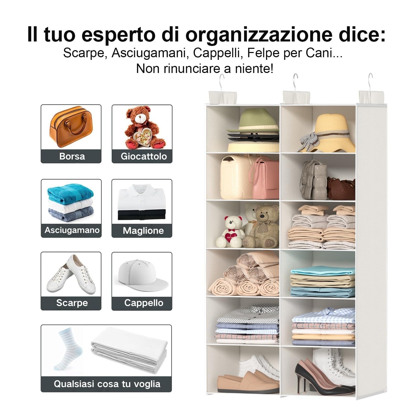 Organizer Appendiabiti A 6 Ripiani Con Tasche Laterali – Contenitore Pensile Per Armadio – Per Vestiti, Scarpe E Accessori – Salva Spazio Da Viaggio, Nero