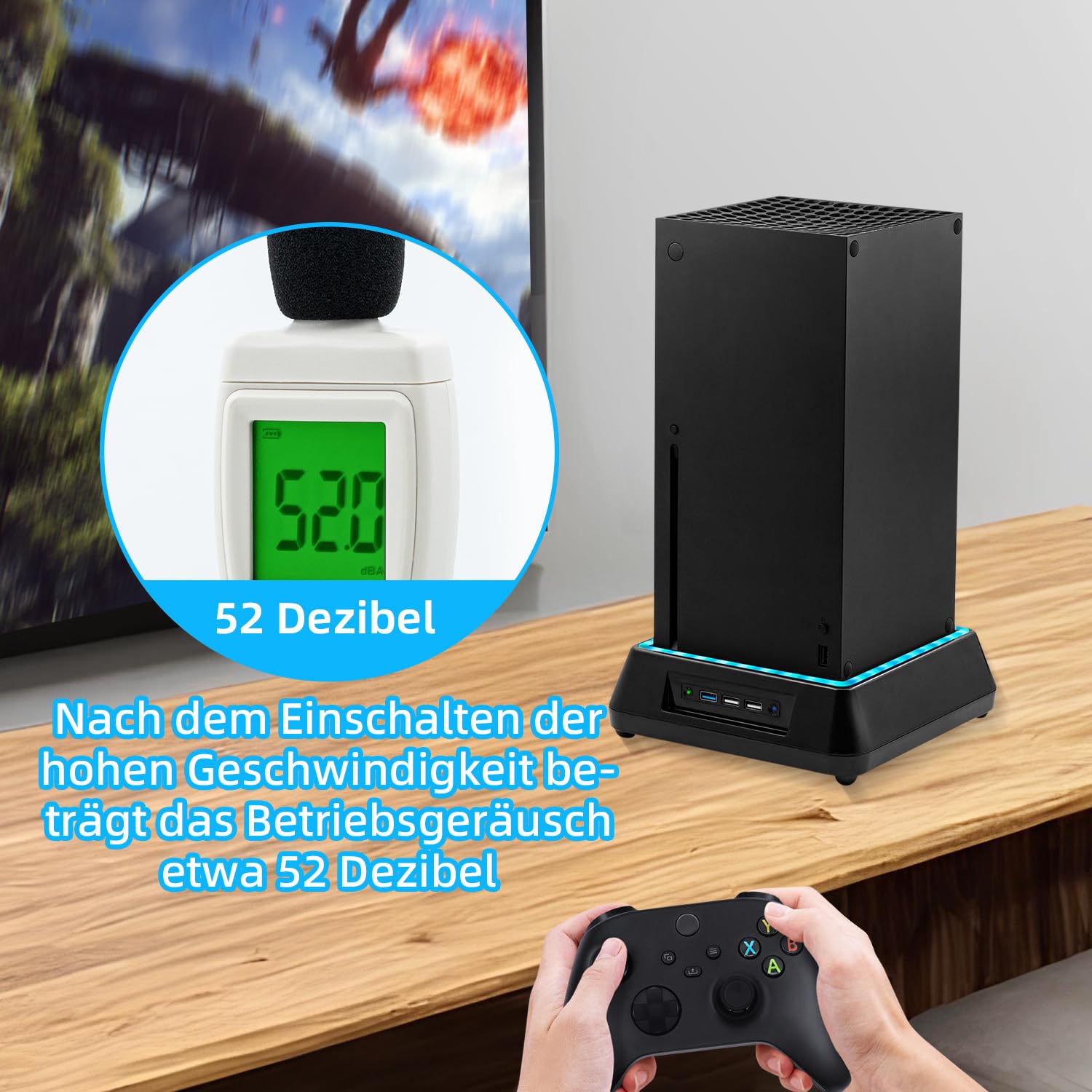 Upgraded Lüfter Ständer für Xbox Series X, Kühler Stand mit RGB LED,4 Große &Turbolüfter, USB 3.0 & 2.0 Ports & 3 Geschwindigkeitsstufen Einstellbares Kühlsystem für Xbox Series X-Schwarz