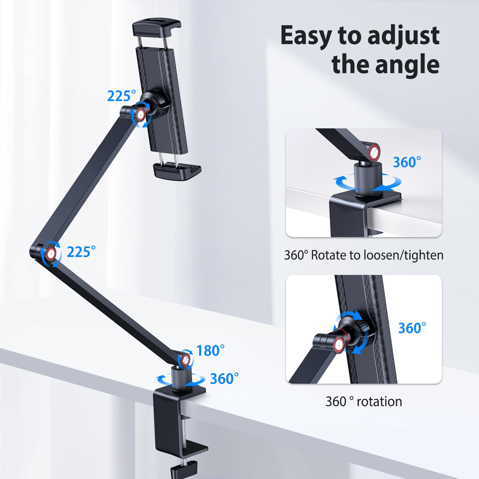 Stojak na tablet, aluminiowy uchwyt na iPad do biurka, regulowany uchwyt z mocowaniem zaciskowym z obrotową podstawą 360°, kompatybilny z iPad Pro/Air/Mini 4.7''-13'', iPhone, Kindle, Fire HD