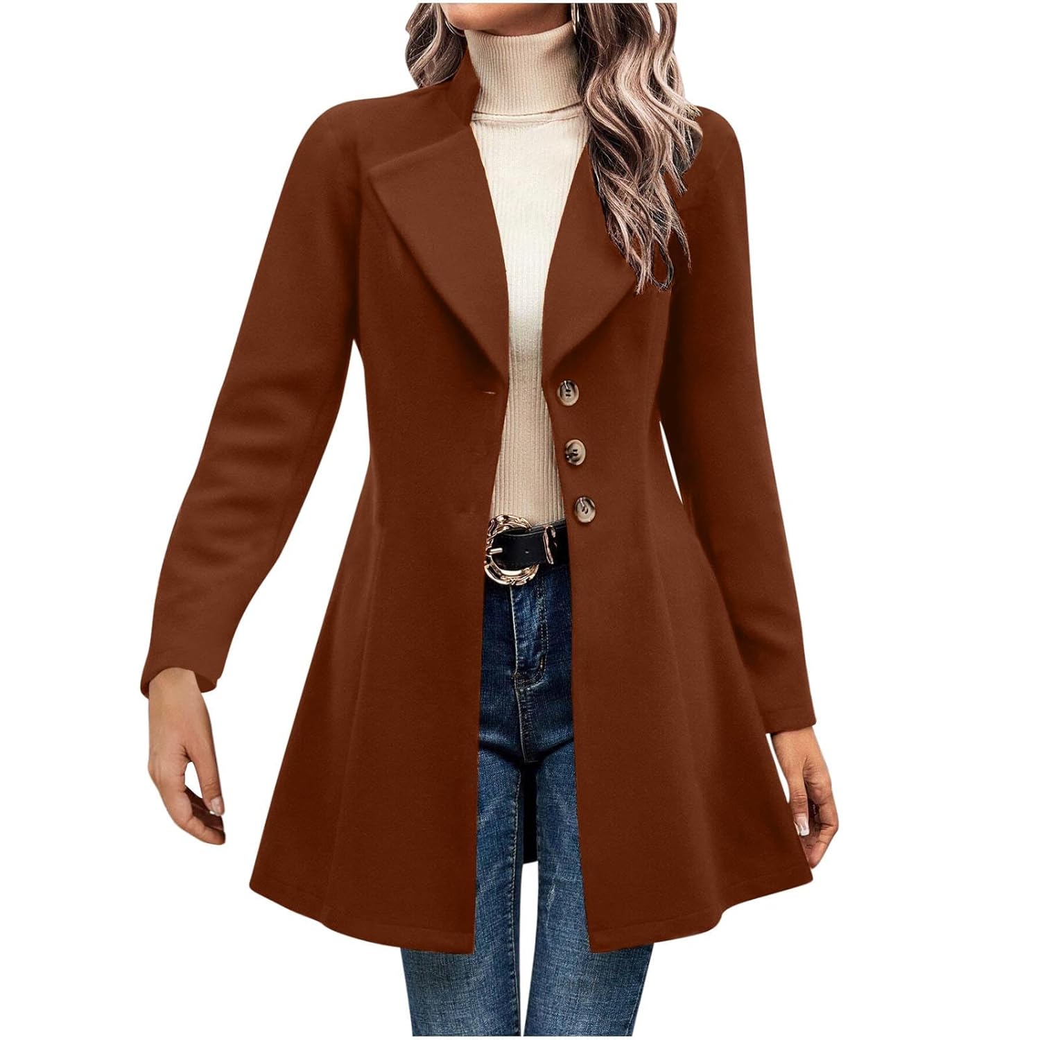 Womens Long Sleeve Casual Wool Jacket Blazer Winter Coat Mid-Long Lapel Collar Open Front Work Office Overcoat