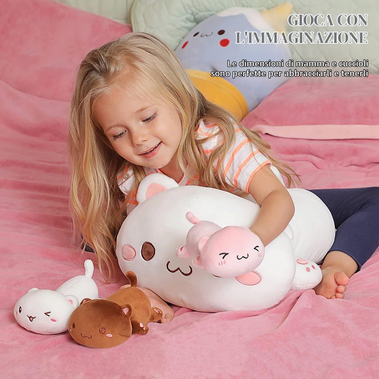 shownicer Peluche Gatto Mamma con 3 Gattini, Animali di Peluche, Bambola di Peluche Cuscino in Peluche Giocattolo Morbido, Regalo per Bambini Ragazza 3+ Anni (Gatto Famiglia)
