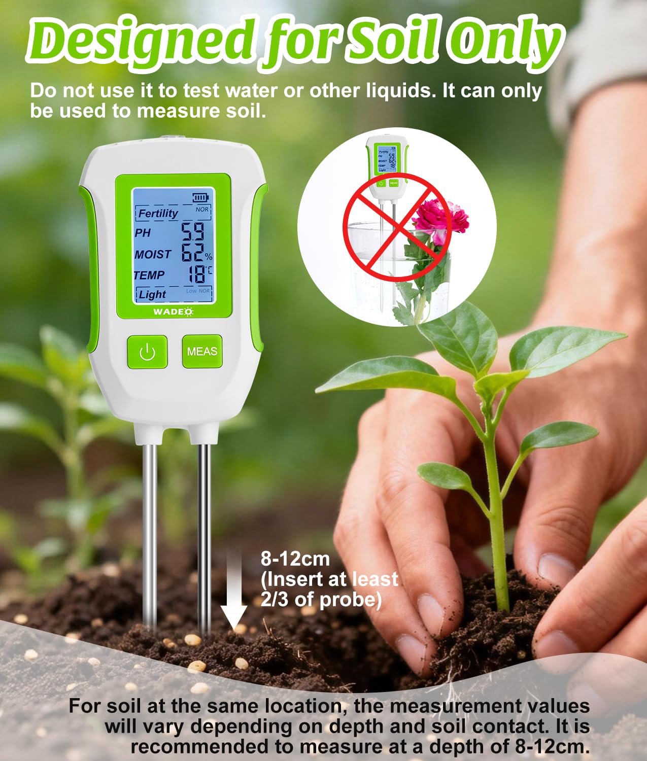 WADEO Medidor de suelo 5 en 1 para temperatura/fertilidad/humedad del suelo/pH/luz solar, pantalla LCD con retroiluminación, medidor digital de suelo para jardinería y agricultura