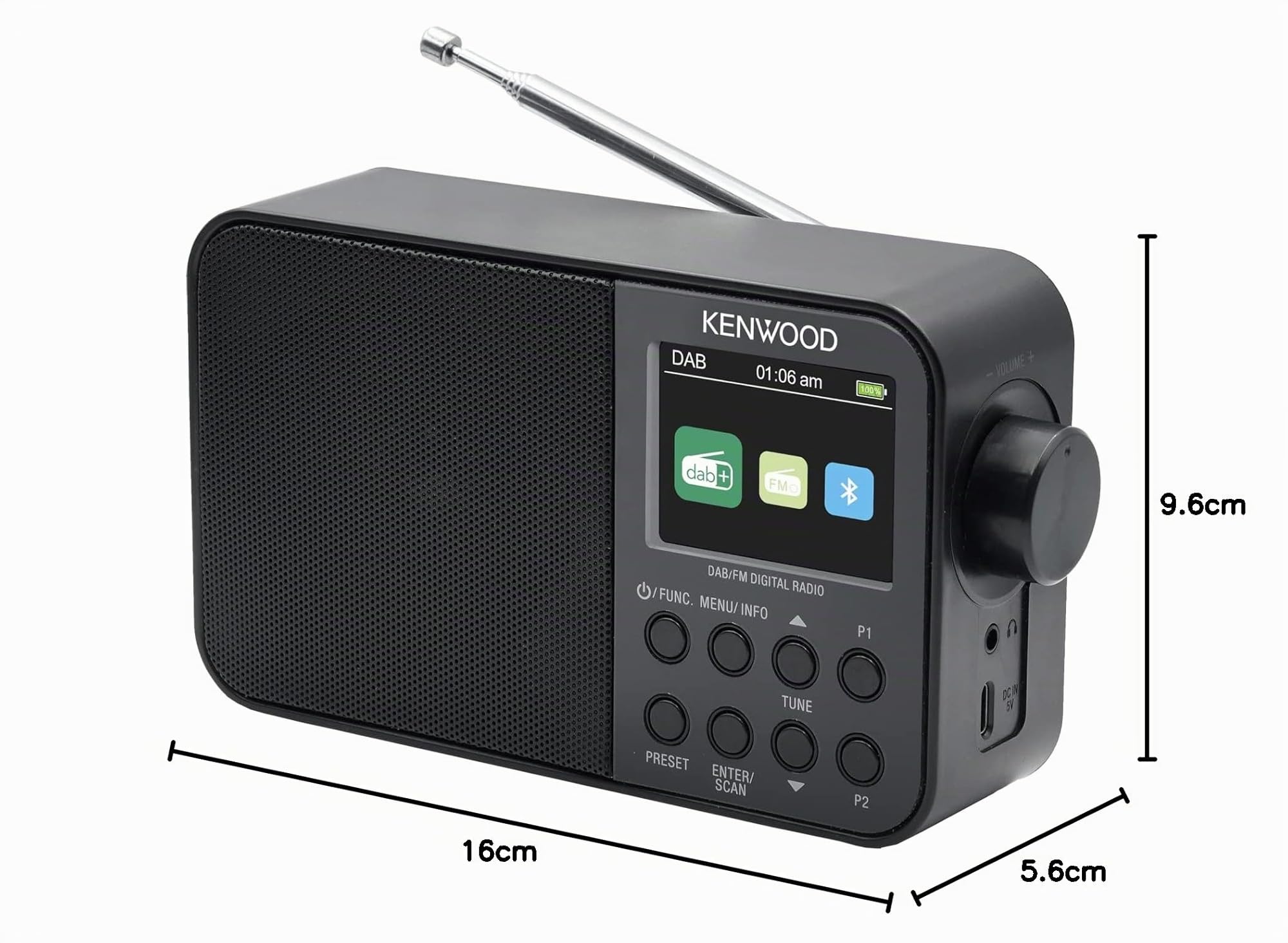 KENWOOD, Radio DAB CR-M30DAB, Radio Portatile con DAB+ e FM, Ampio Display a Colori da 6,1 cm, Batteria Ricaricabile Integrata 2000mAH, Uscita Cuffie Jack 3,5mm, Black