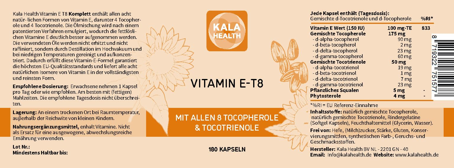 Kala Health Vitamin E - Einzigartige Formel mit allen 8 Tocopherolen und Tocotrienolen - 180 Vitamin E8 T8 Antioxidantien für Haar, Haut & Anti-Aging - GMO & PAK-frei - Hergestellt in der EU
