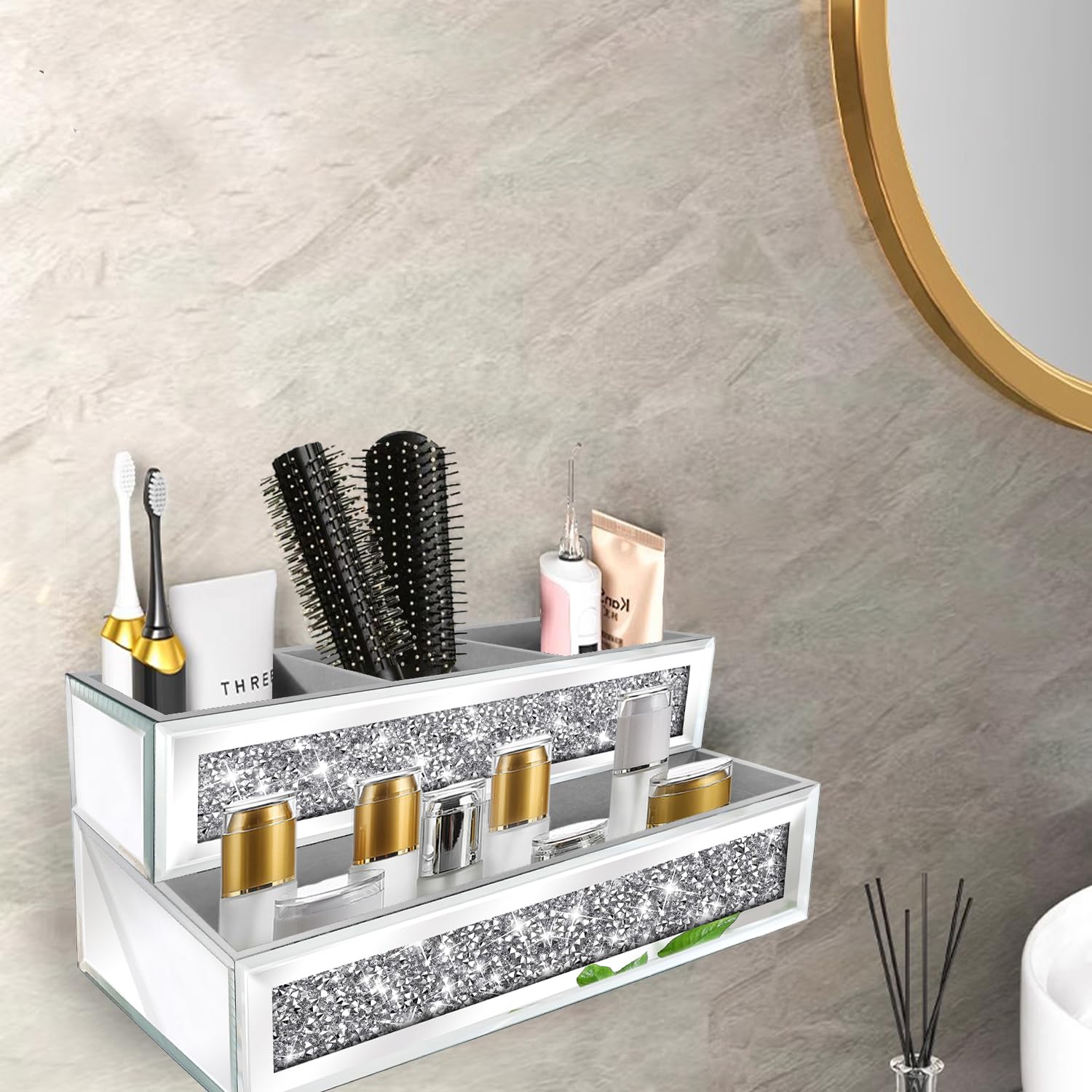Spiegel-Haartrockner-Halter, Kristall-Diamant-Haar-Werkzeug-Organizer, Wandhalterung, silberfarbenes Badezimmerschrank-Tablett für Föhne, Haartrockner, Glätteisen, Make-up, Pinsel. (26,7 x