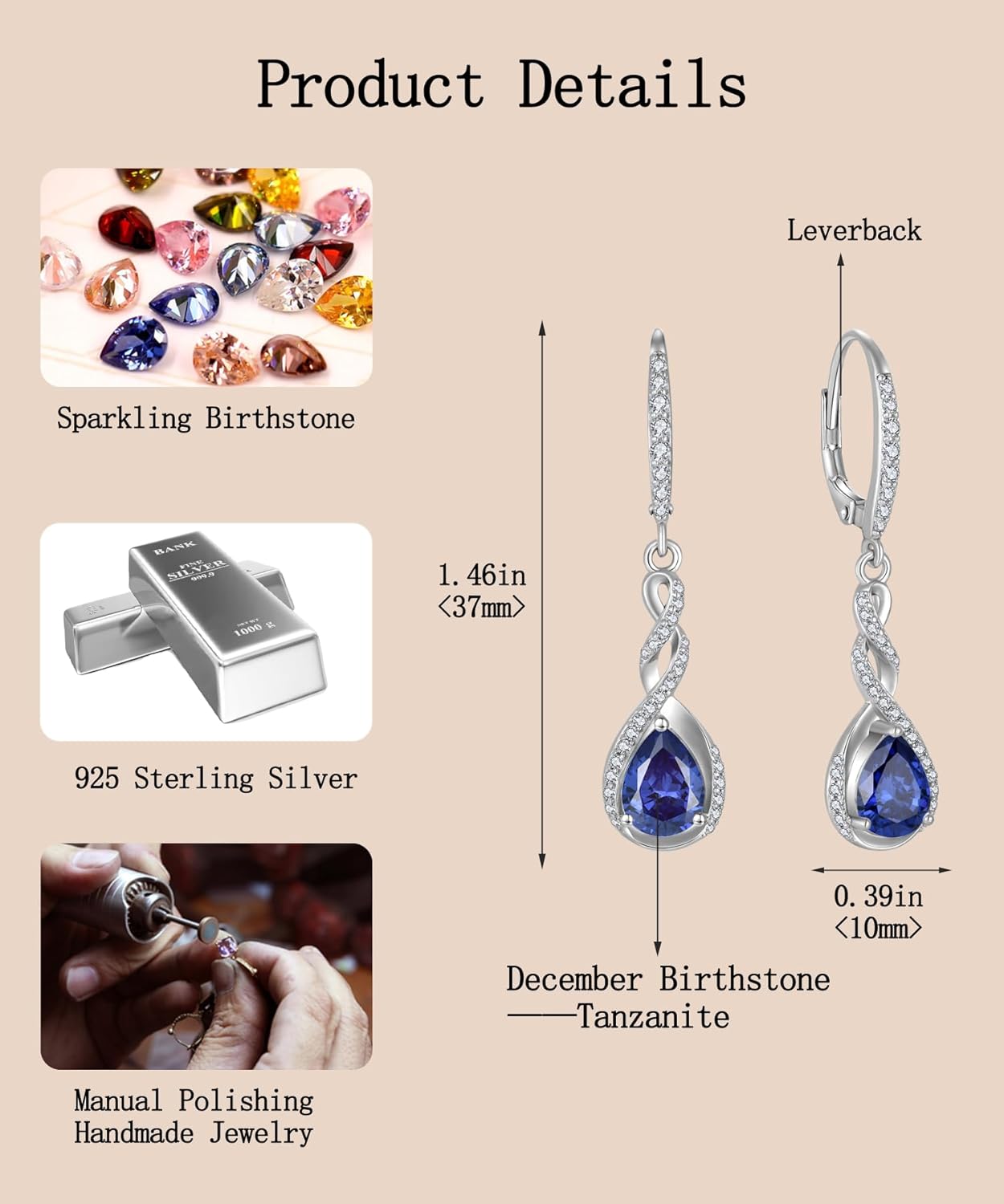 Fahonie Sterling Silver Long Drop Earrings with Cubic Zirconia Leverback Dangle Earrings Infinity Knot Birthstone Jewelry Gifts for Women - Image 6