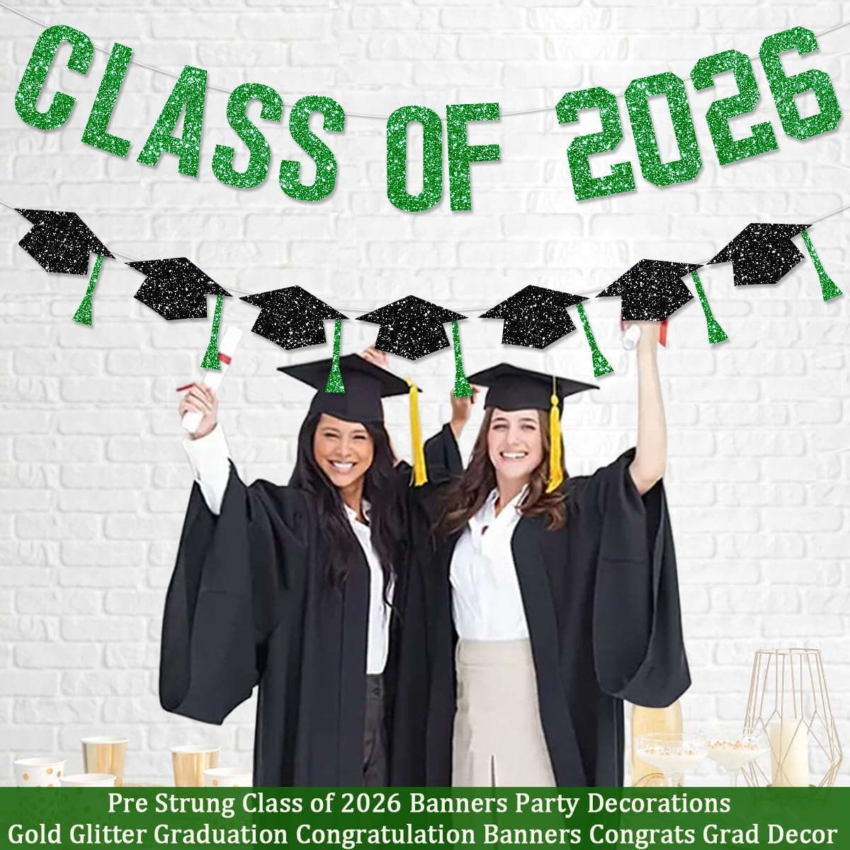 Pre Strung Graduation Decorations Class of 2026 Banner Green Glitter College Banners Party Congrats Grad with Tassel Decor High Favors NO DIY for Supplies School Home Car Decorations