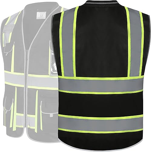 Miniatura 5 de JKSafety Chaleco de seguridad negro con cremallera frontal de alta visibilidad, 10 bolsillos, cuello acolchado, cintas altamente reflectantes con