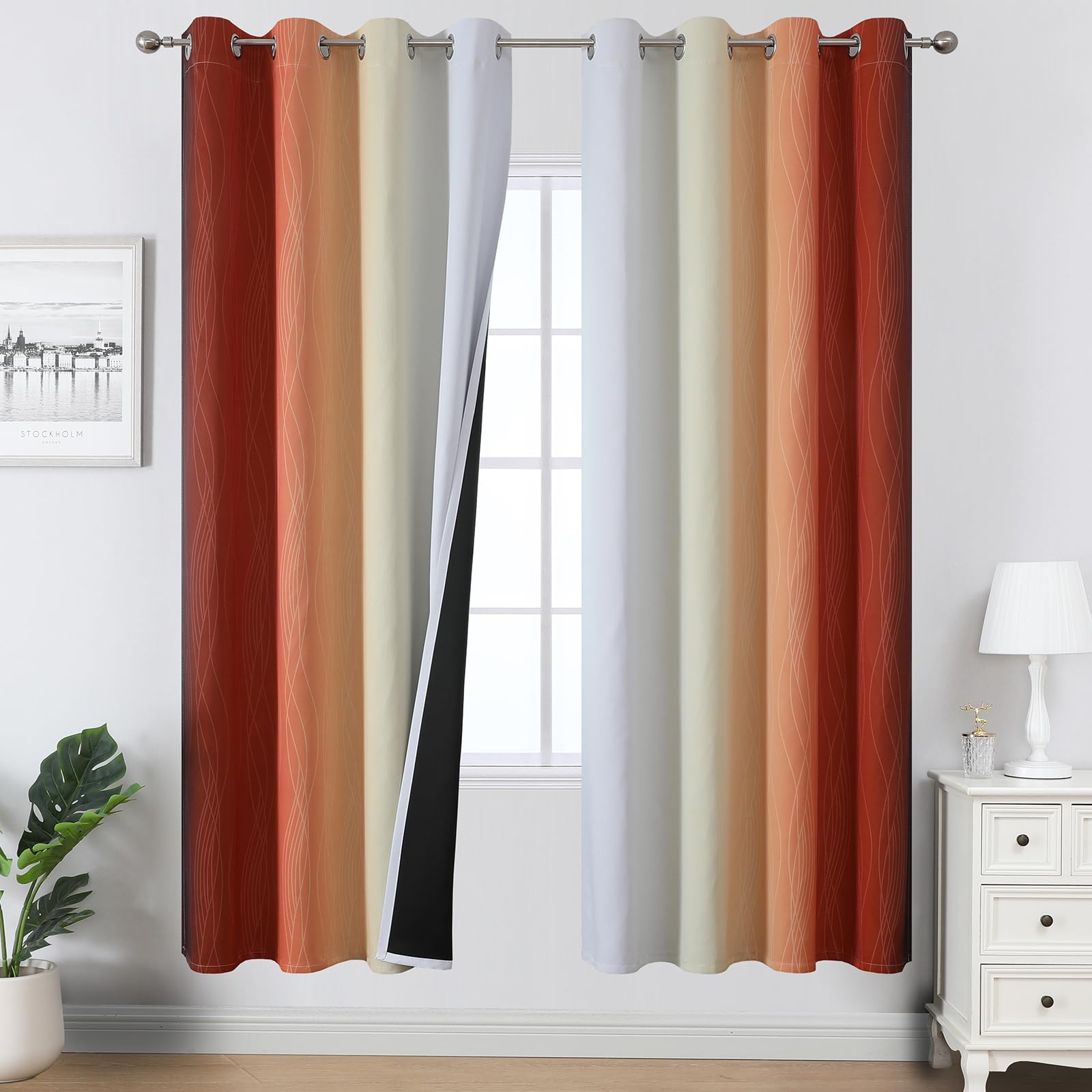 Estelar Textiler Burnt Orange and Greyish White Ombre Blackout Curtains for Living Room,Energy Efficient Room Darkening Drapes, Grommet Thermal Insulated Window Treatments for Bedroom,52Wx72L,2 Panels