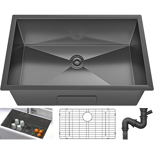 YITAHOME Black Kitchen Sink 32" x 19" x 9" Undermount Sink Single Bowl 16 Gauge Stainless Steel Nano Sink with Accessories for Workstation, Prep Kitchen, Bar Sink