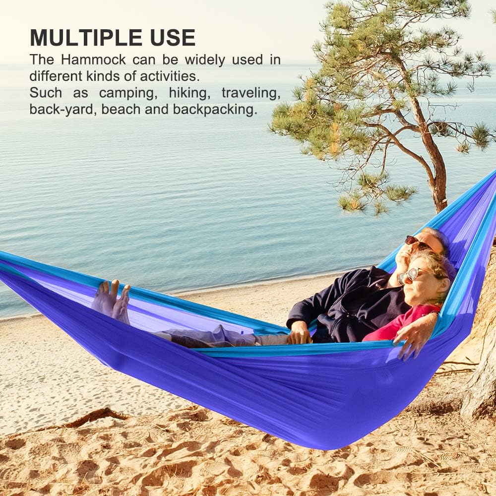 JBM Camping Single Hammock Portable Hammock Swing with Carrying Bag Nylon Ropes & Steel Carabiners Outdoor Camping Hammock for Patio Porch Garden Backyard Lounging - Support 264-330lbs