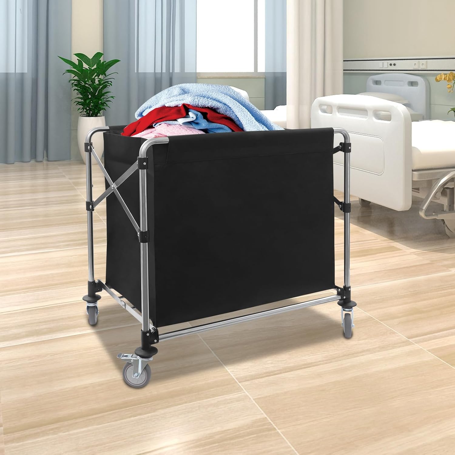 Commercial Laundry Cart with with Wheels, Folding Laundry Cart, 360°Swivel Casters & Brakes, Heavy Duty Stainless Steel Rolling Hamper w/XL Oxford Cloth Bag for Hospital, Hotel, Home, 35x23x34''