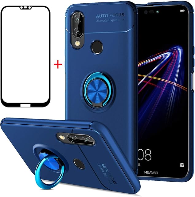 AKABEILA Tempered Glass Huawei P20 Lite Case Screen Protector Tempered Glass, Compatible for Huawei P20 Lite Phone Case Cover Silicone Ring Grip Holder Kickstand Carbon Fiber Shockproof, Blue