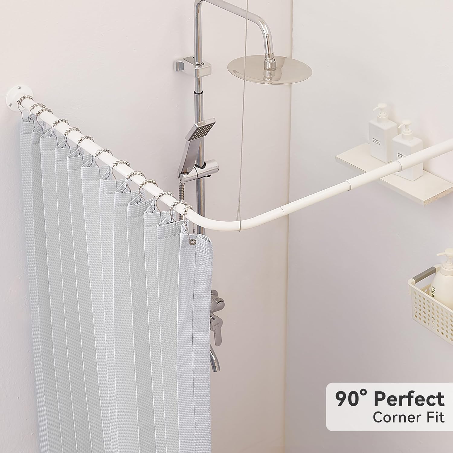 Asta per tenda da doccia a forma di L, asta curva per tenda da doccia, 62-122 cm x 62-122 cm, asta telescopica per bagno e vasca da bagno, in acciaio inox, con 12 ganci ad anello e supporto a soffitto
