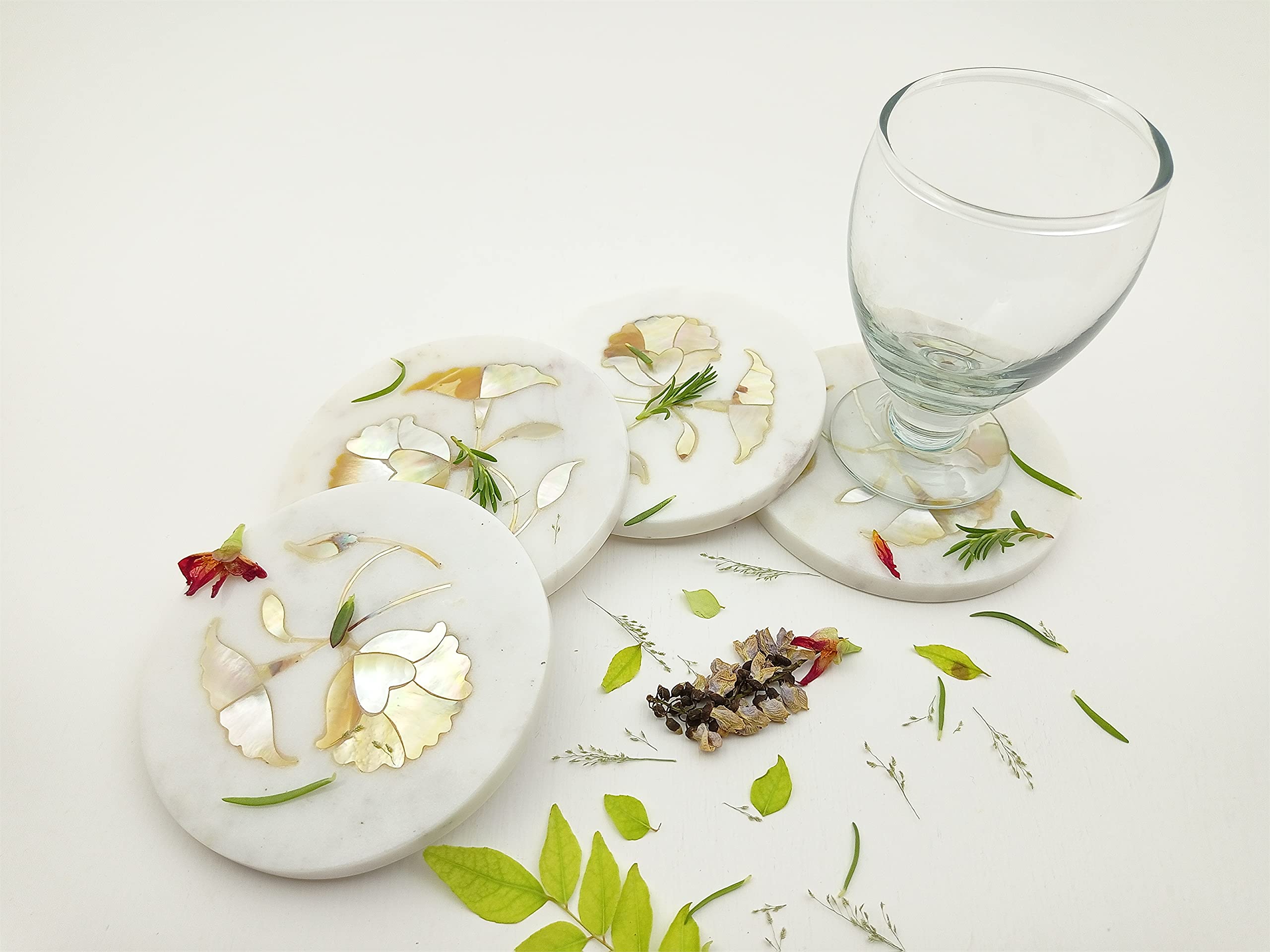 Al Maun | Naml | White Marble | Handmade Round Flower Inlay | Protect Furniture Surface from Damage Classic Coaster for Drinks, Beverages, Bar, Living, Kitchen & Dining Elegant Look | Set of 4