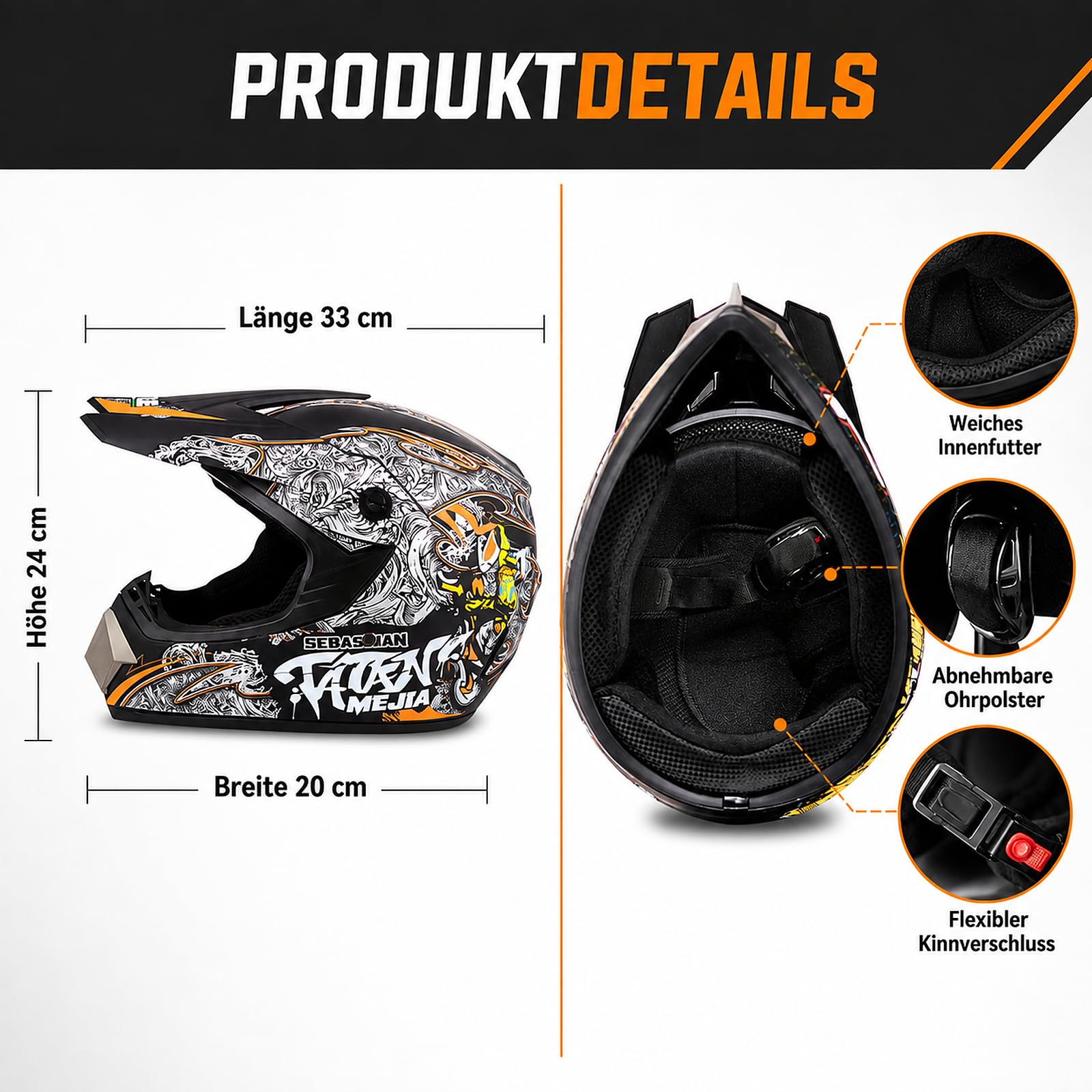 Crosshelm Motocross Helm Set mit Zubehör, Offroad ABS Dirt Bike ATV Quad | ABS Vollvisierhelm für Dirt Bike ATV Quad Enduro, 3-teiliges Zubehörset, 4 Belüftungsbereiche, abnehmbare Ohrpolster