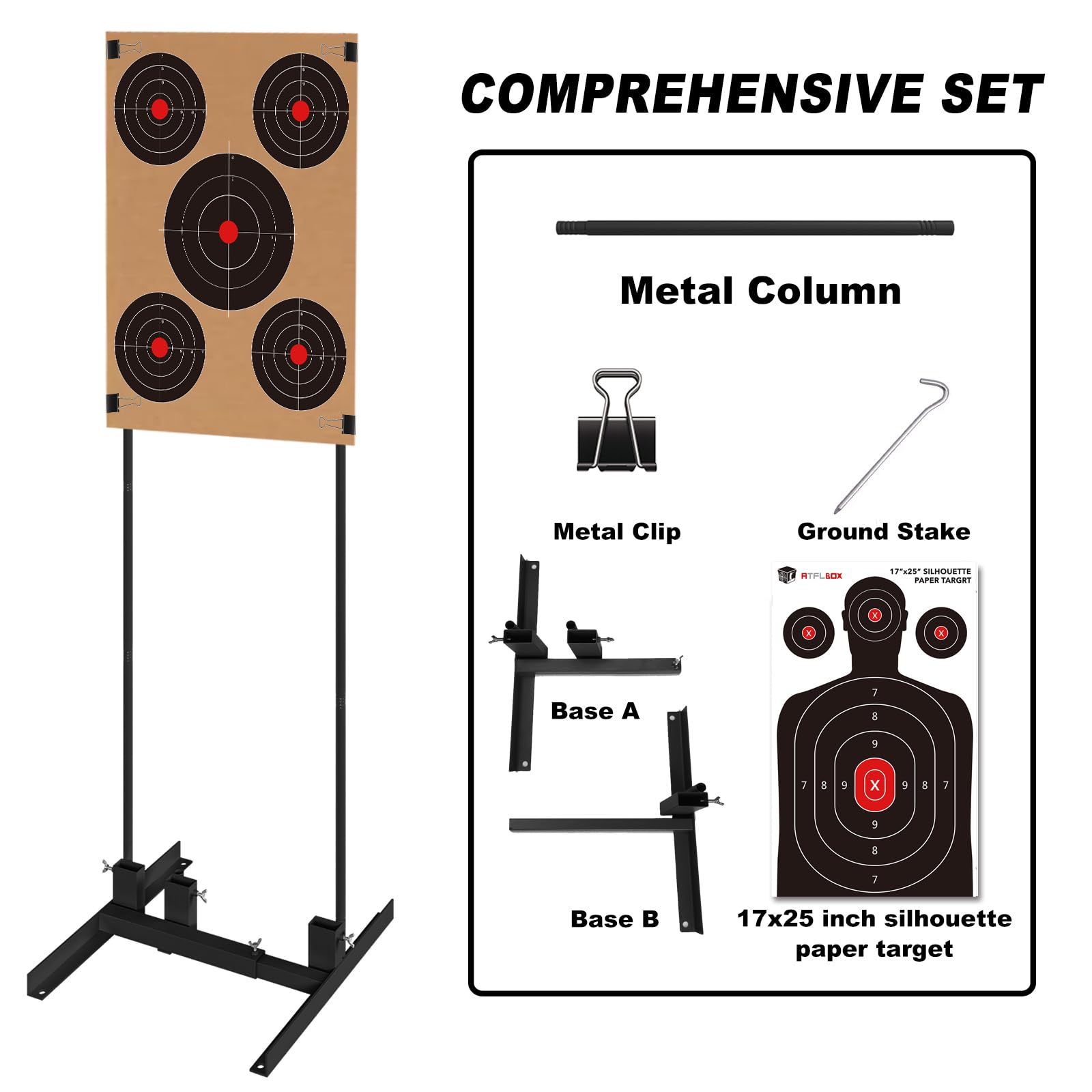 Atflbox Supporto per bersagli da tiro con 10 bersagli di carta da 43,2 x 63,1 cm, resistente, con base regolabile stabile, per sagome in cartone, forma H, IPSC, pratica IDPA