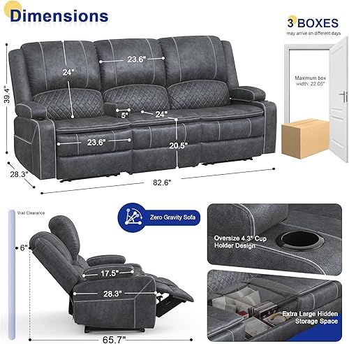 Miniatura 2 de Sofá reclinable de 3 plazas con sillón reclinable, asiento de cine en casa con consola elevable y reposabrazos extraíbles, sofá reclinable manual de