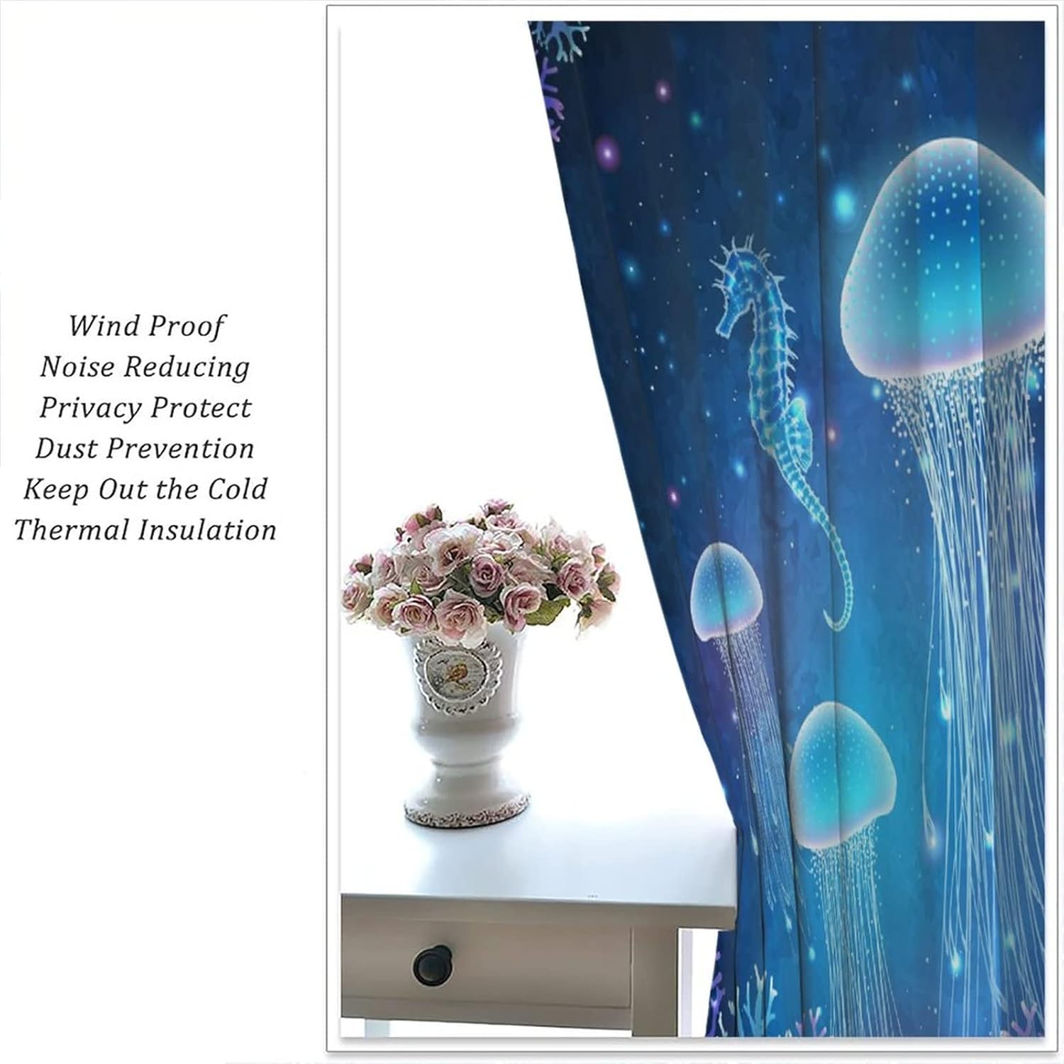 Ocean Jellyfish Window Curtains, Seahorse Fairy Tale Underwater World Sea Life Animals Room Darkening Windows Treatments for Boys Girls Toddler Bedroom Living Room 84x84in