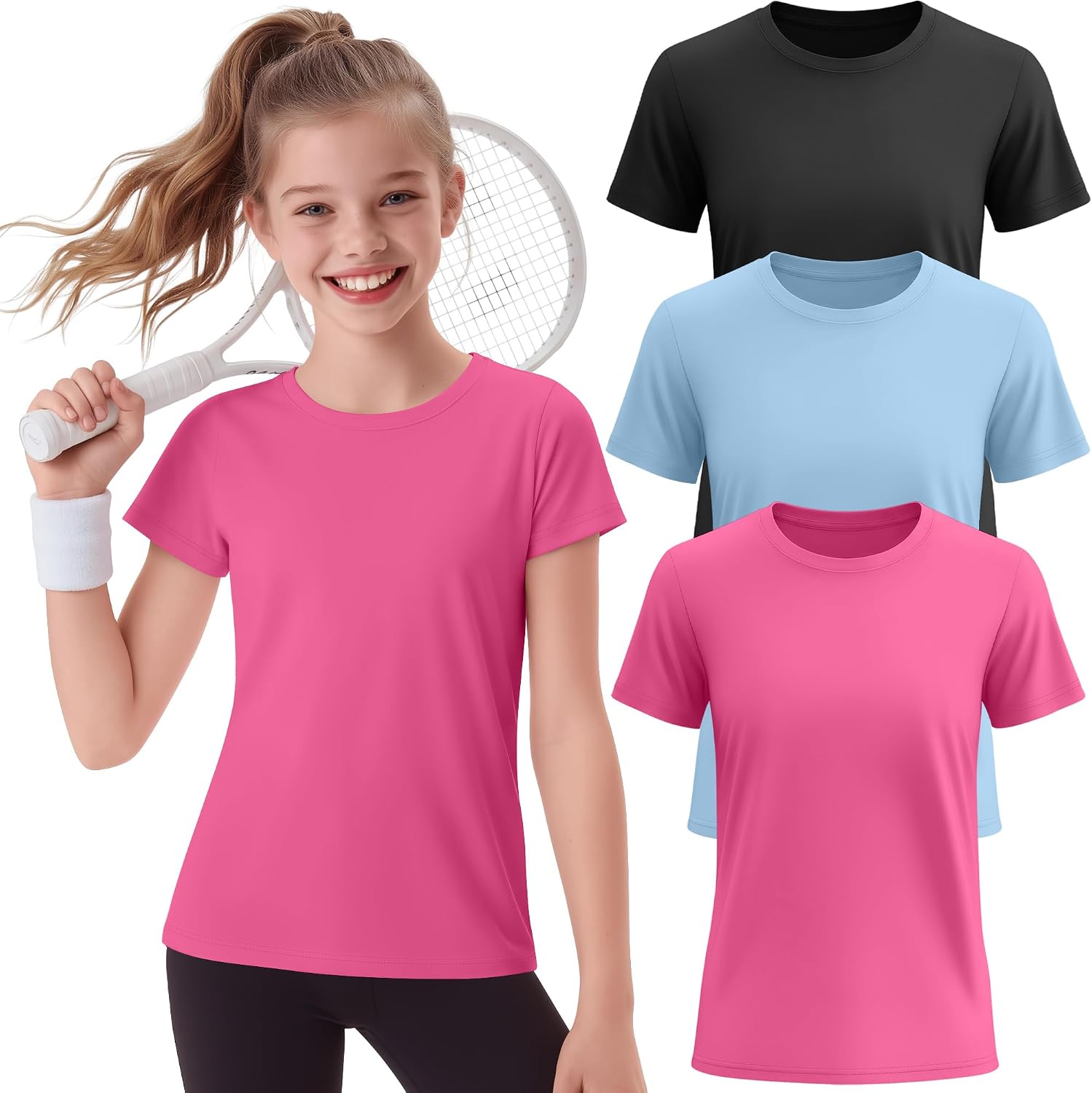 3 Pack Girls Athletic Shirts Short Sleeve T-Shirts Kids Quick Dry Crewneck Sports Tops Basic Summer Yoga Tee 5-14 Y