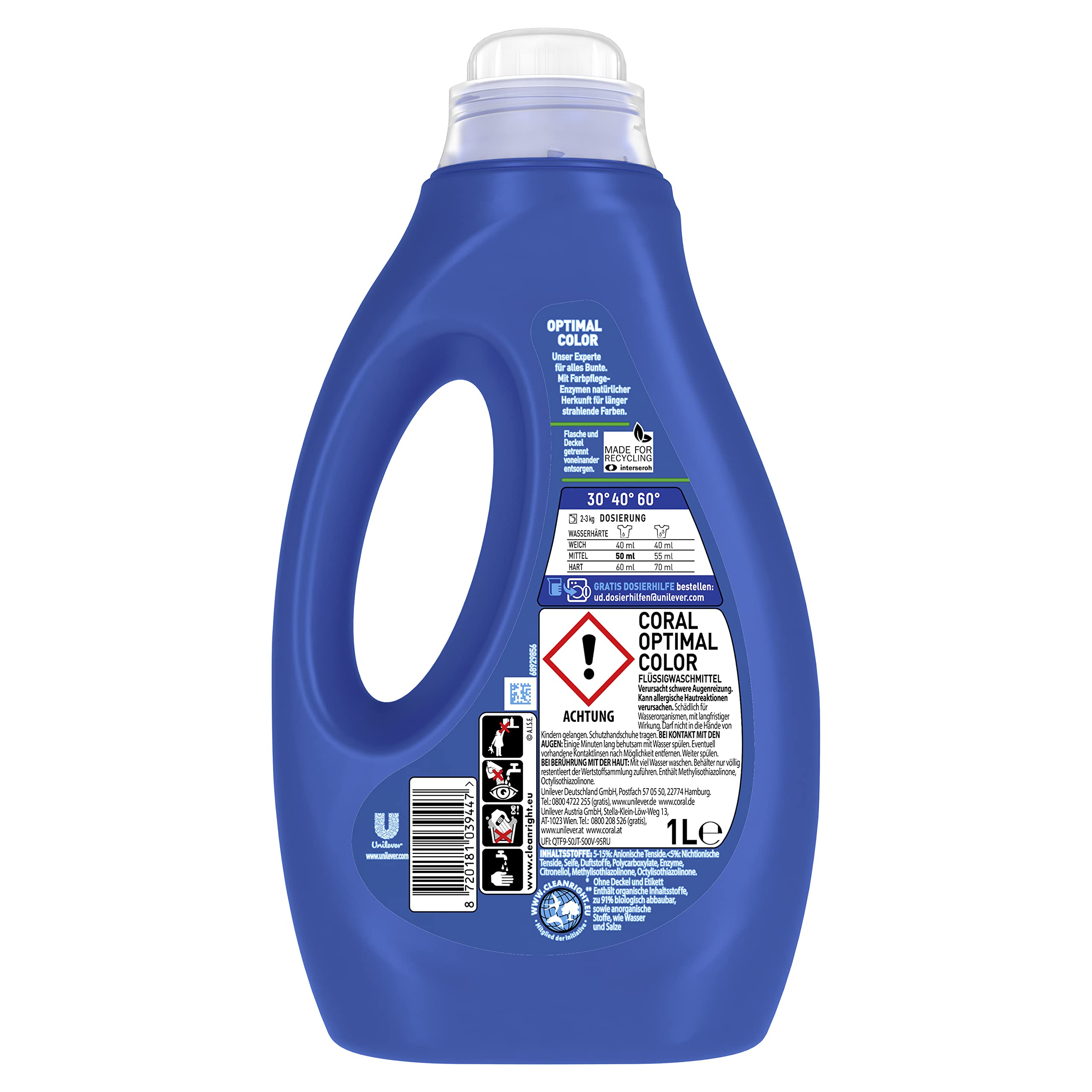 Coral Flüssigwaschmittel Optimal Color für bunte Wäsche 6 x 20 WL (6 x 1L), 6000 ml