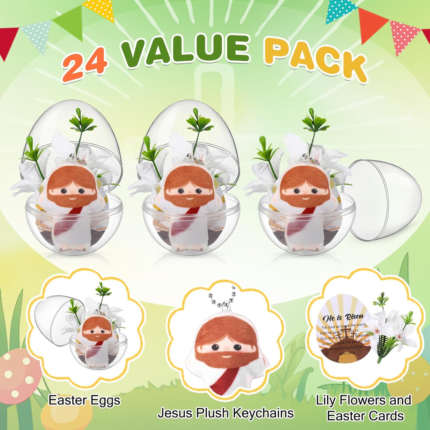 Soulchen 24 Sets Jesus Easter Basket Stuffers Resurrection Easter Eggs Mini Jesus Plush Keychains He is Risen Card Religious Basket Egg Fillers for Church Family Religious Gift
