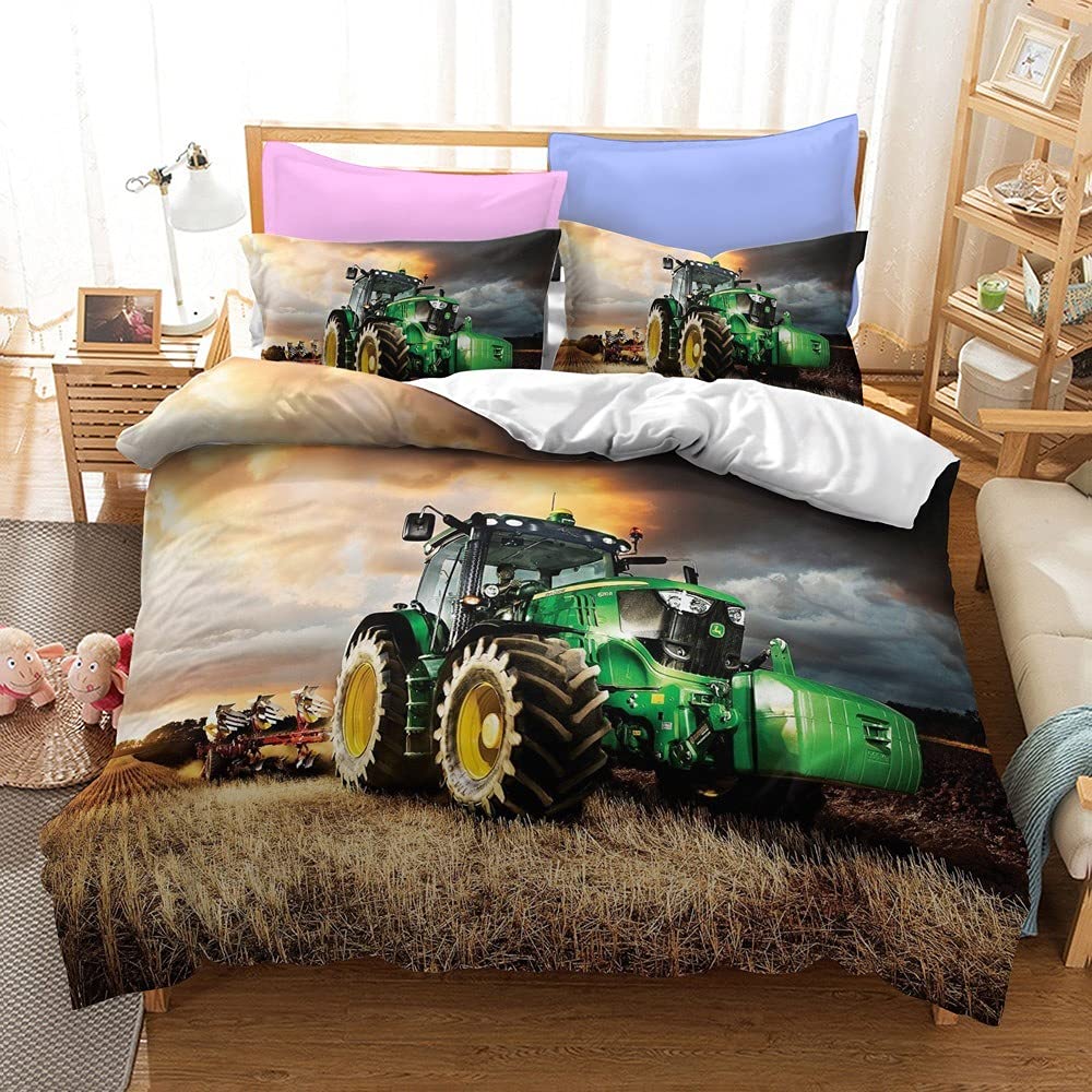 Set di biancheria da letto per bambini, 135 x 200 cm, motivo trattore e criniera, in microfibra, copripiumino e federa (02,220 x 240 cm + 2 x 50 x 75 cm