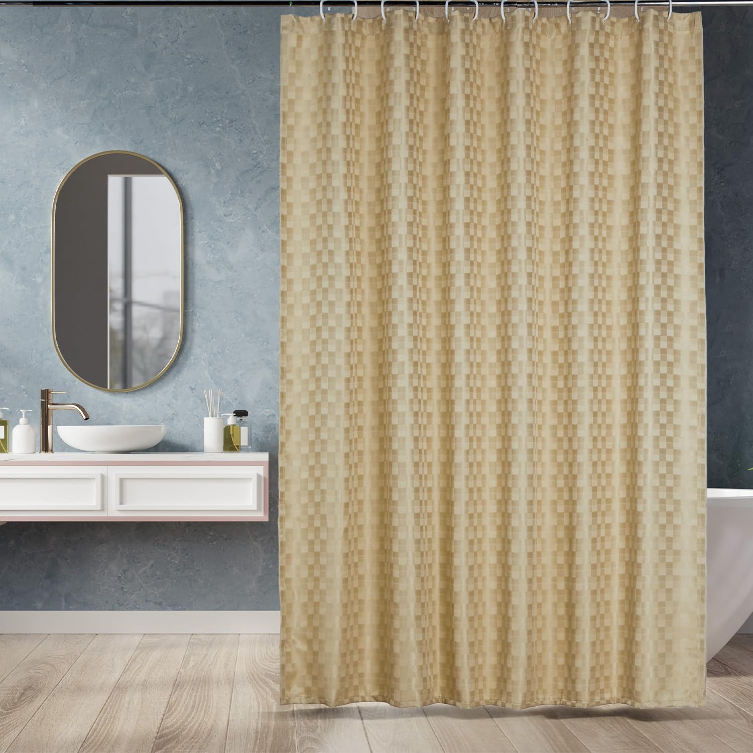 Amazon Basics Shower Curtain 7 Feet | PVC-Free, No Plastic Smell | Machine Washable Fabric | Cream | 6ft Wide | 12 Hooks -180 CM X 210 CM