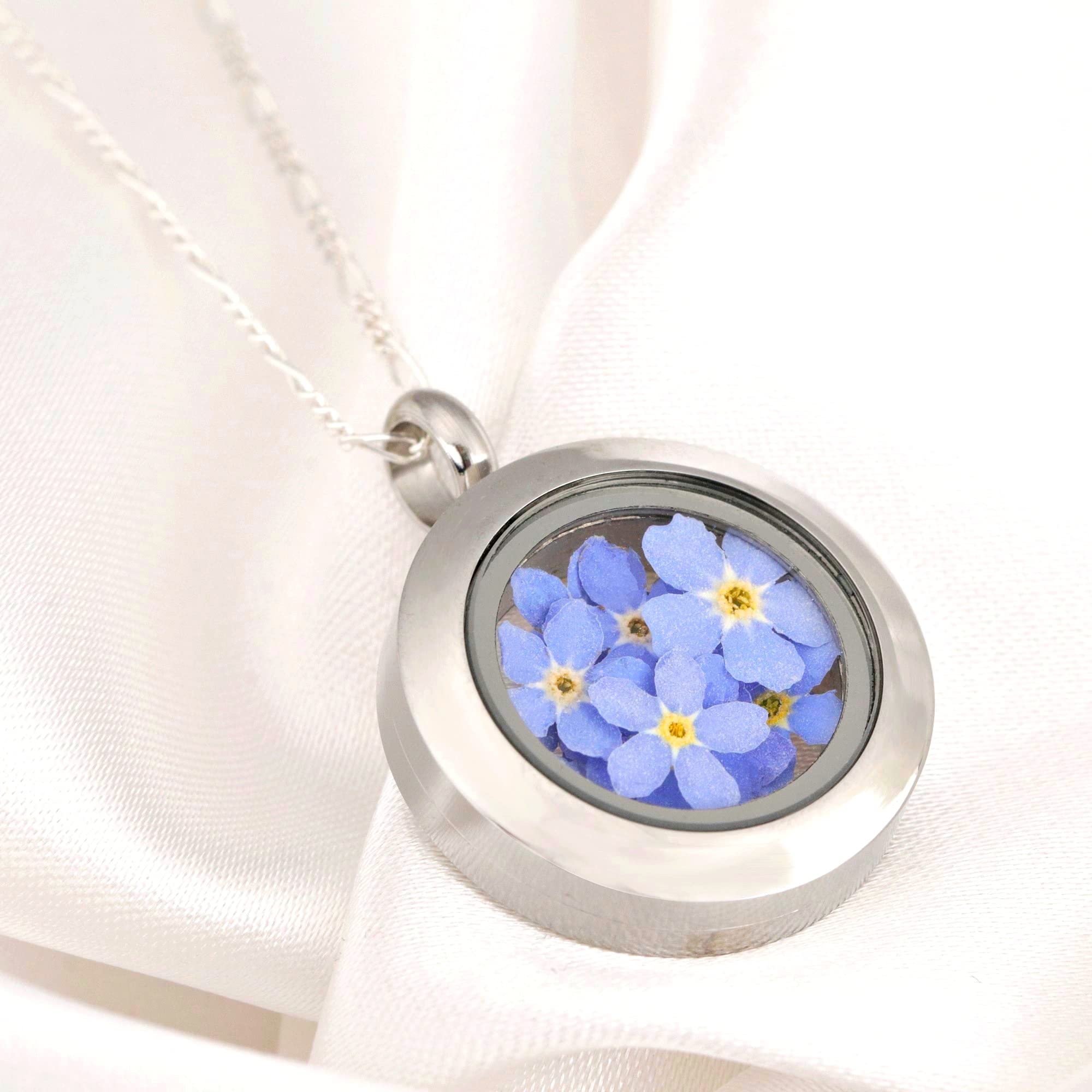 MadamLili 925 Sterling Silber Medaillonkette | Mit echten Vergissmeinnicht-Blüten | Andenken an Verstorbene | Geschenk für Frauen, Mama, Schwester & Beste Freundin | Erinnerungsschmuck