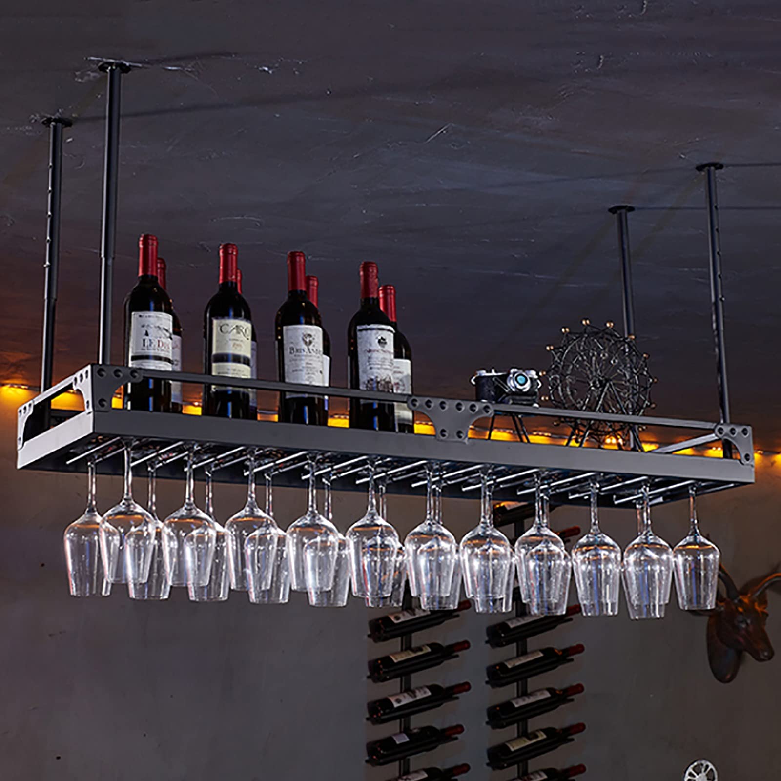 Porte-bouteilles de plafond suspendu porte-verre à vin ULAINE hauteur réglable