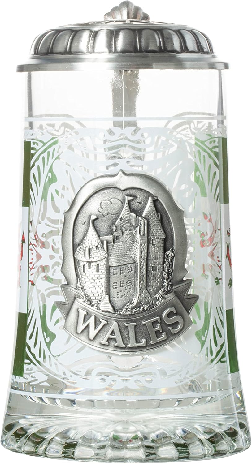 Artisan Owl Wales Flag Castle and Welsh Dragon Metal Icon Glass Beer Stein with Metal Lid and Thumb Lift