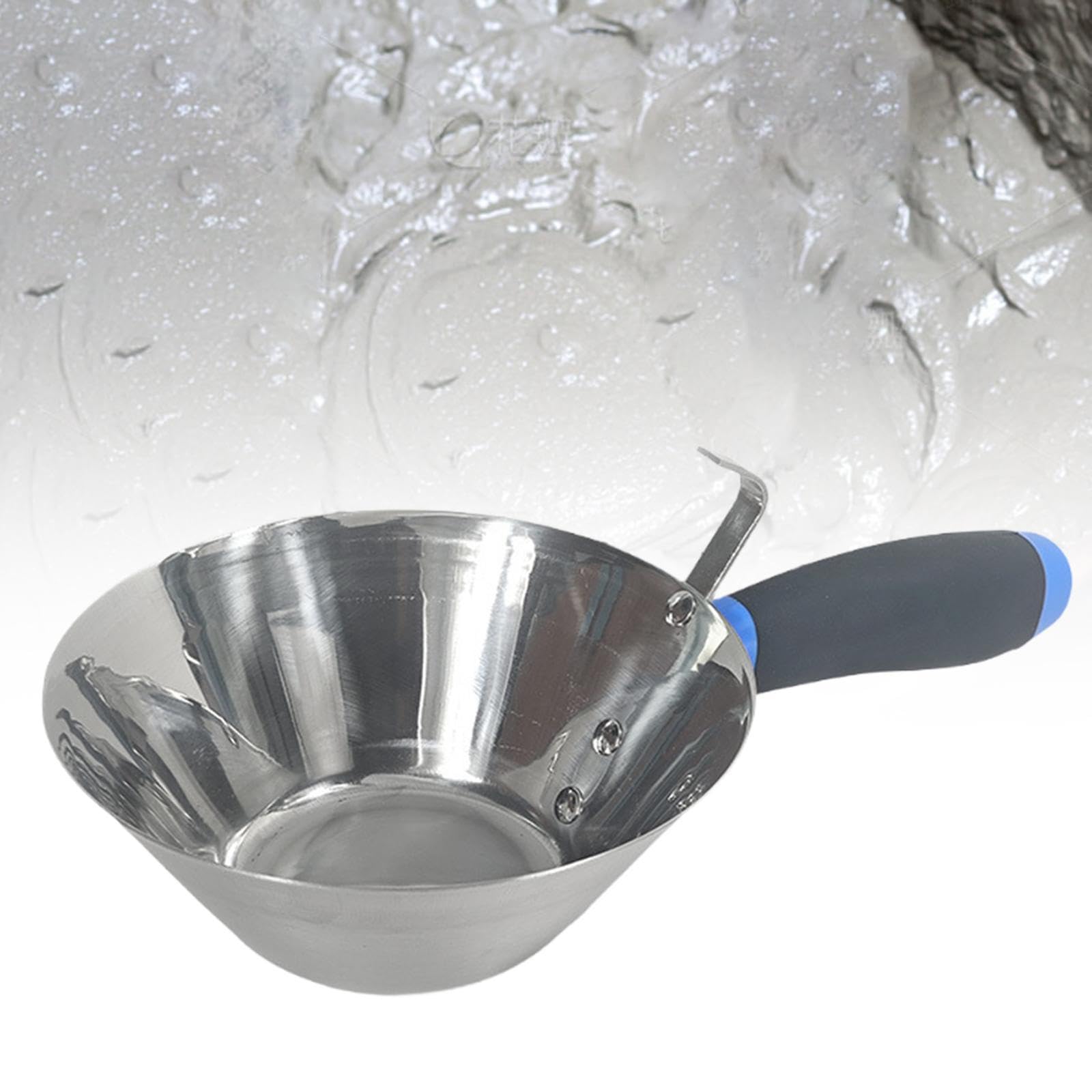 Milageto Cubo de acero inoxidable con pala, resistente, mango cómodo, herramienta para enlucido, bandeja para barro para proyectos de bricolaje de albañilería