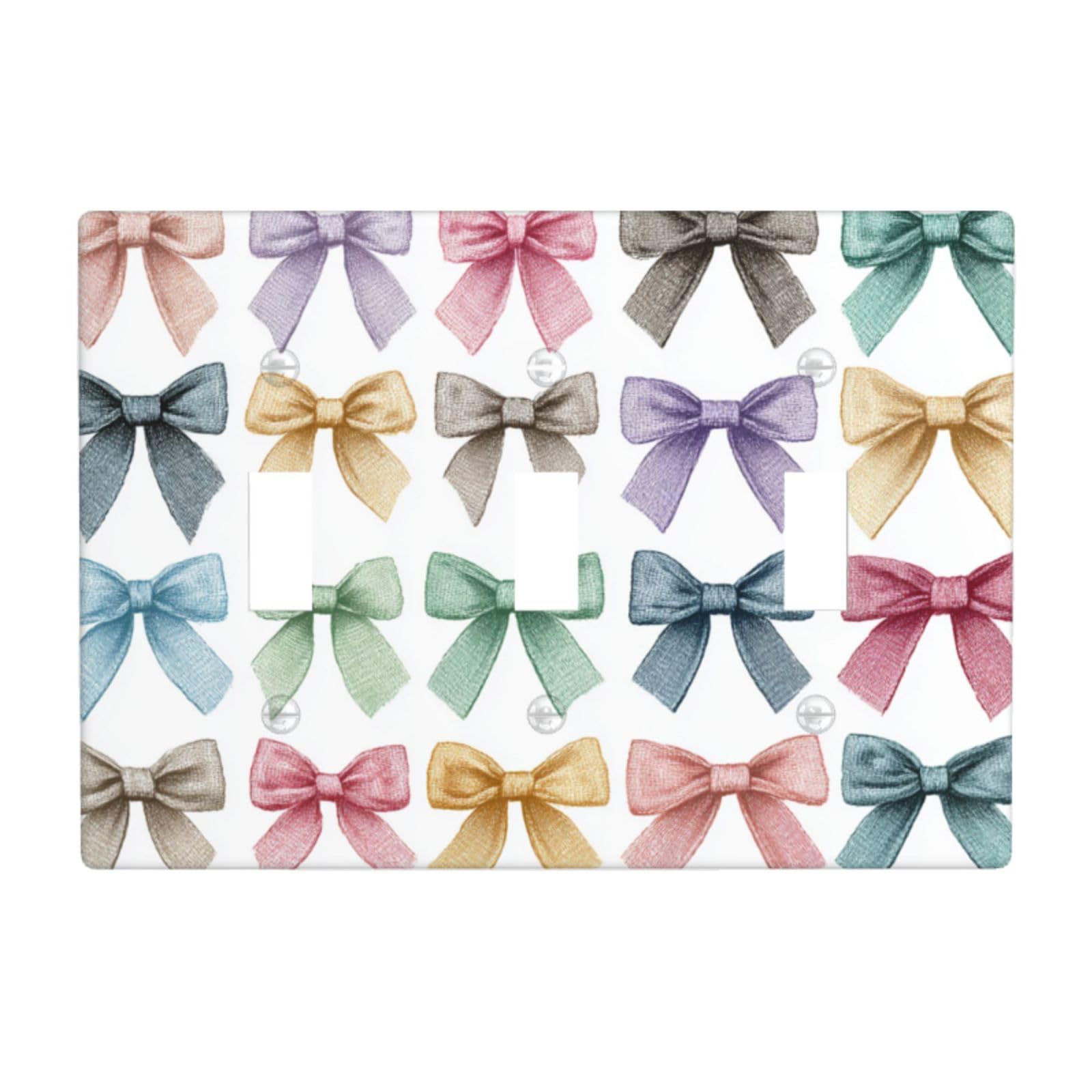 Woshuwo White Embroidered Bows In Pastel Colors Light Switch Covers 3 Gang Triple Toggle Wall Plate Switchplate Electrical Faceplate For Bathroom Kitchen Bedroom Decor